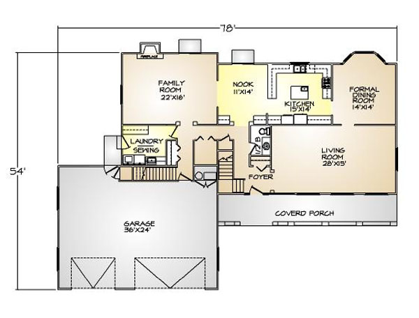 PMHI El Dorado first floor plan with open space, large covered porch and 3 car garage