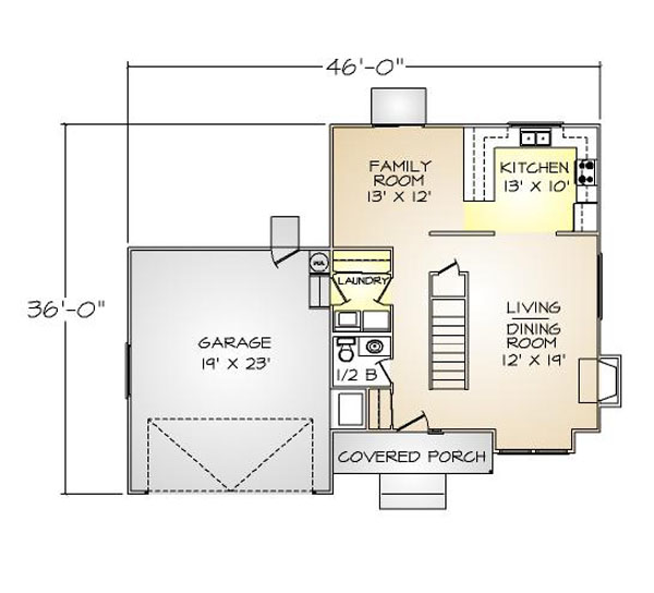PMHI Westlake first floor plan with open space kitchen and family room and 2 car garage